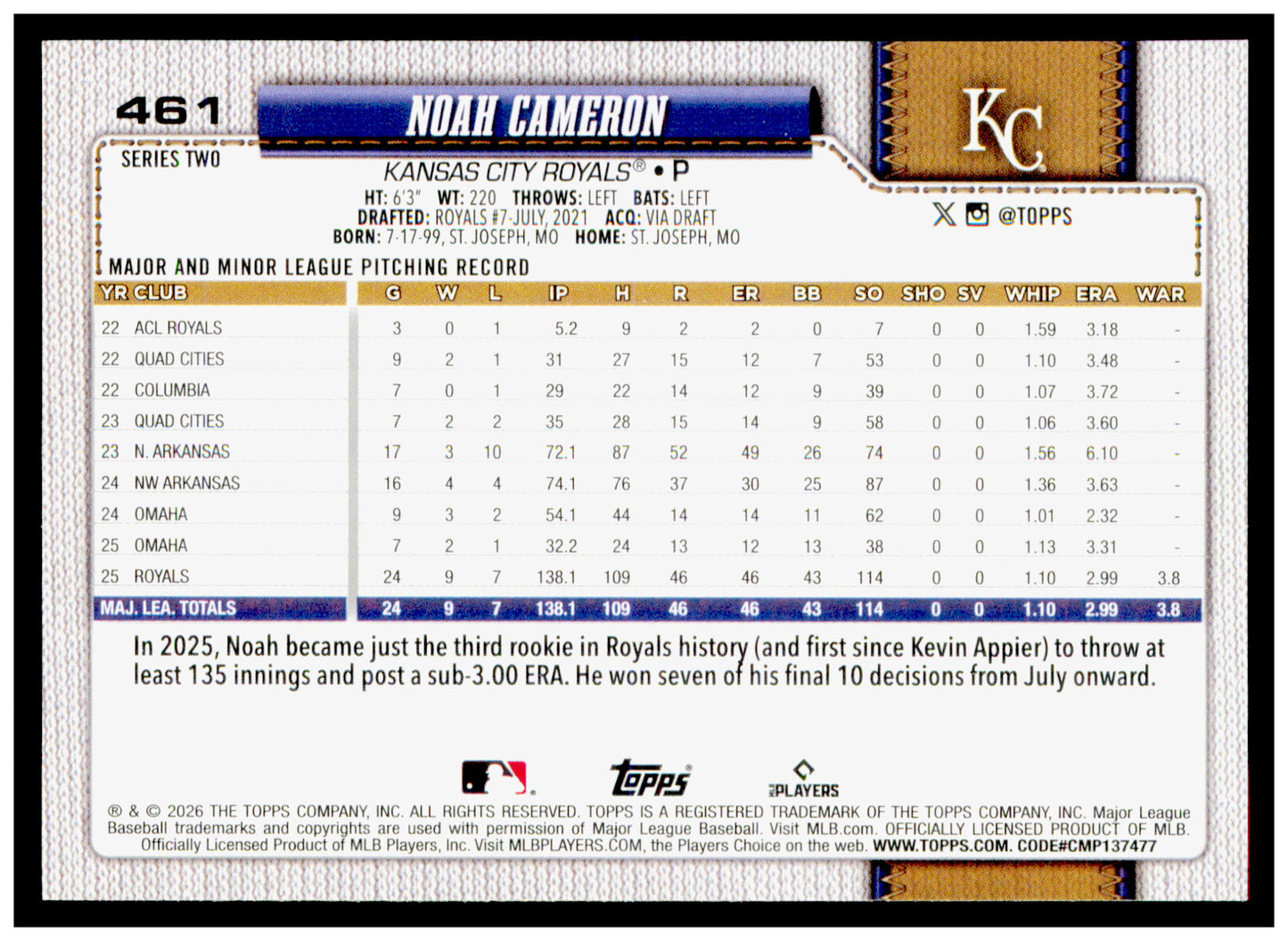 2026 Topps Noah Cameron Card Kansas City Royals