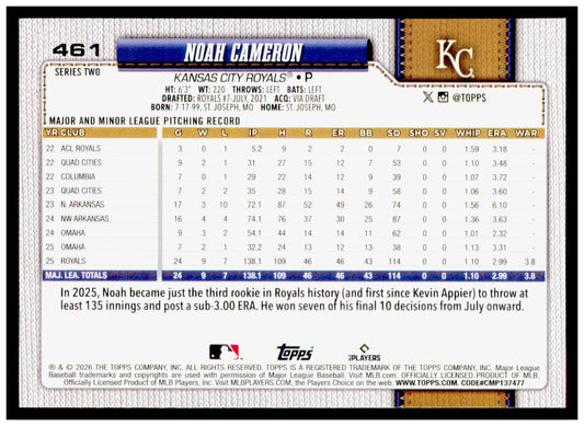 2026 Topps Noah Cameron Card Kansas City Royals