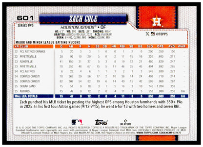 2026 Topps Zach Cole Card Rookie Houston Astros