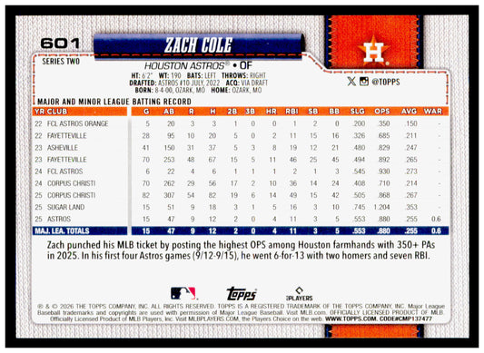 2026 Topps Zach Cole Card Rookie Houston Astros