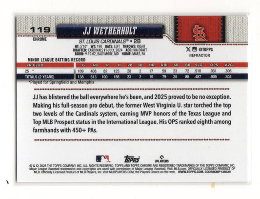 2026 Topps Chrome JJ Wetherholt Card Refractors Rookie St. Louis Cardinals