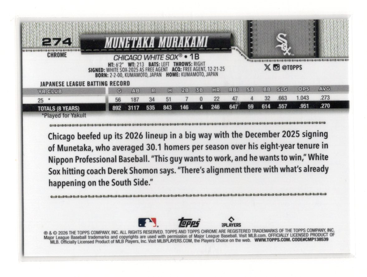 2026 Topps Chrome Munetaka Murakami Card Rookie Chicago White Sox