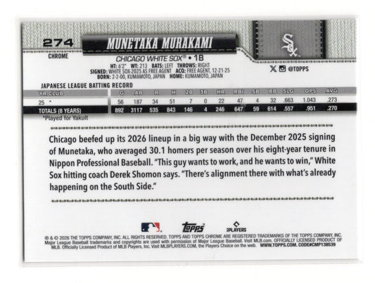 2026 Topps Chrome Munetaka Murakami Card Rookie Chicago White Sox