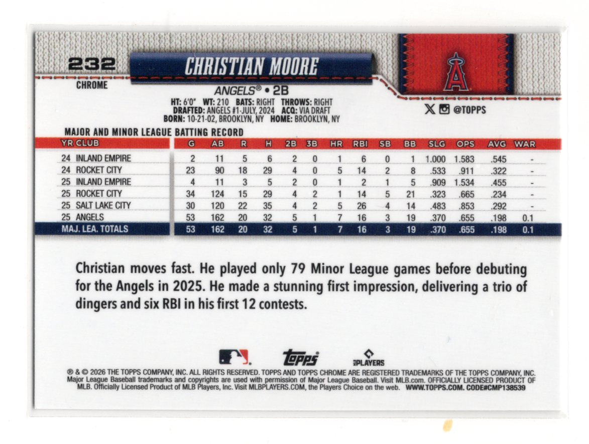 2026 Topps Chrome Christian Moore Card Rookie Los Angeles Angels