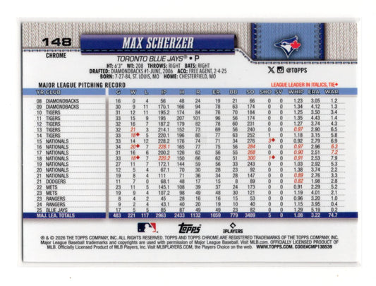 2025 Topps Chrome Max Scherzer Baseball Seams Parallel #260 Toronto Blue Jays