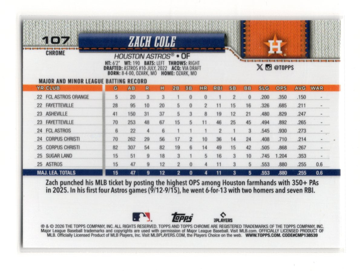 2026 Topps Chrome Zach Cole Card Rookie Houston Astros