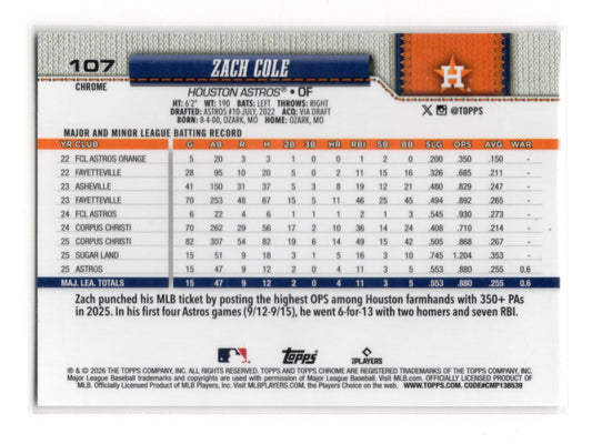 2026 Topps Chrome Zach Cole Card Rookie Houston Astros