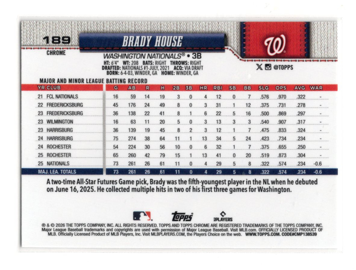 2026 Topps Chrome Brady House Card Rookie Washington Nationals