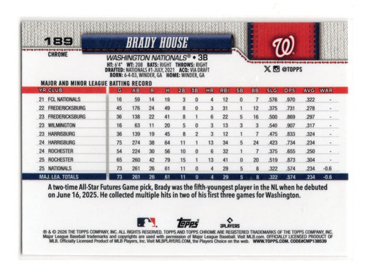 2026 Topps Chrome Brady House Card Rookie Washington Nationals