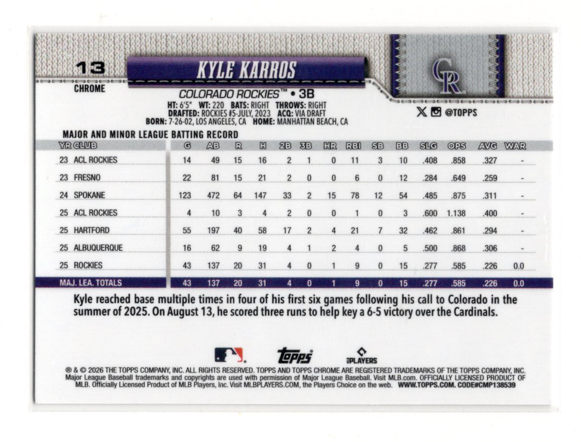 2026 Topps Chrome Kyle Karros Card Rookie Colorado Rockies