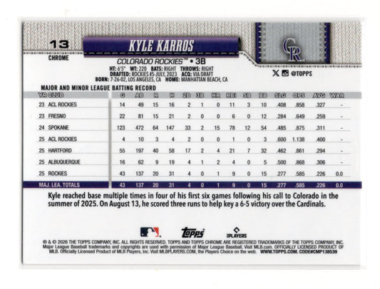 2026 Topps Chrome Kyle Karros Card Rookie Colorado Rockies