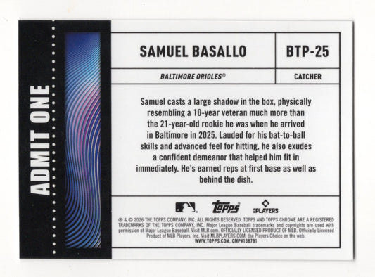2026 Topps Chrome Samuel Basallo Card Big Ticket Players Baltimore Orioles