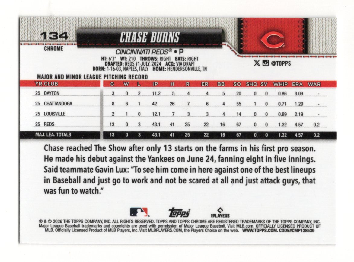 2026 Topps Chrome Chase Burns Card Rookie Cincinnati Reds