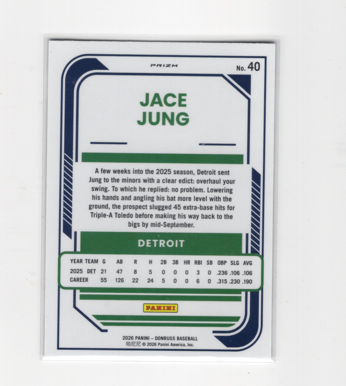 2026 Donruss Jace Jung Card Optic Circles Detroit Tigers