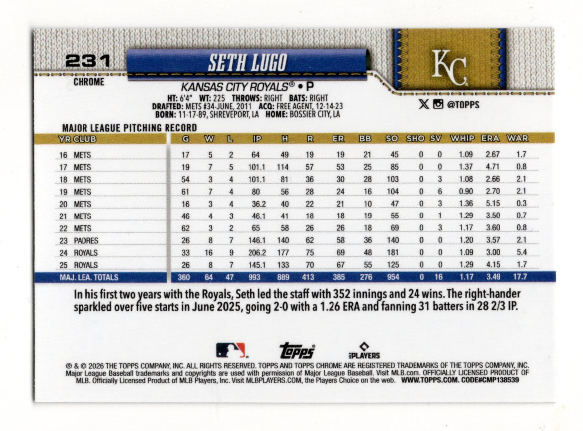 2026 Topps Chrome Seth Lugo Card Kansas City Royals