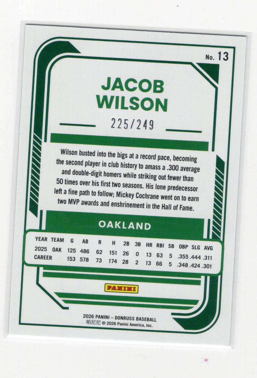 2026 Donruss Jacob Wilson Carolina Blue Laser Holographic /249 #13 Athletics