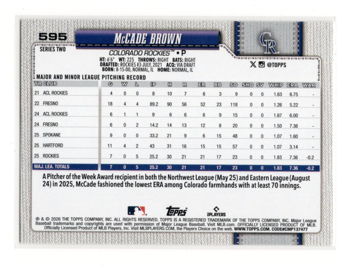 2026 Topps McCade Brown Card Holo Foil Colorado Rockies