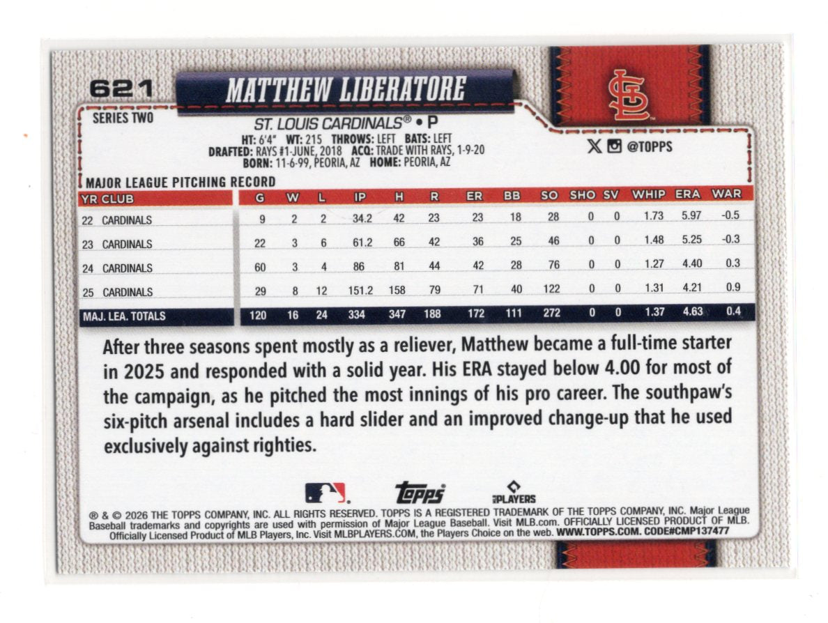 2026 Topps Matthew Liberatore Card Rainbow Foil St. Louis Cardinals