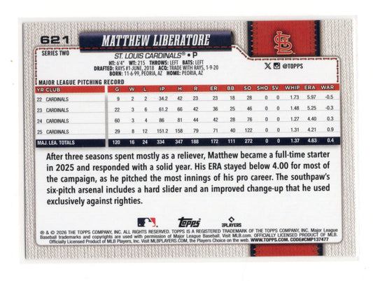 2026 Topps Matthew Liberatore Card Rainbow Foil St. Louis Cardinals