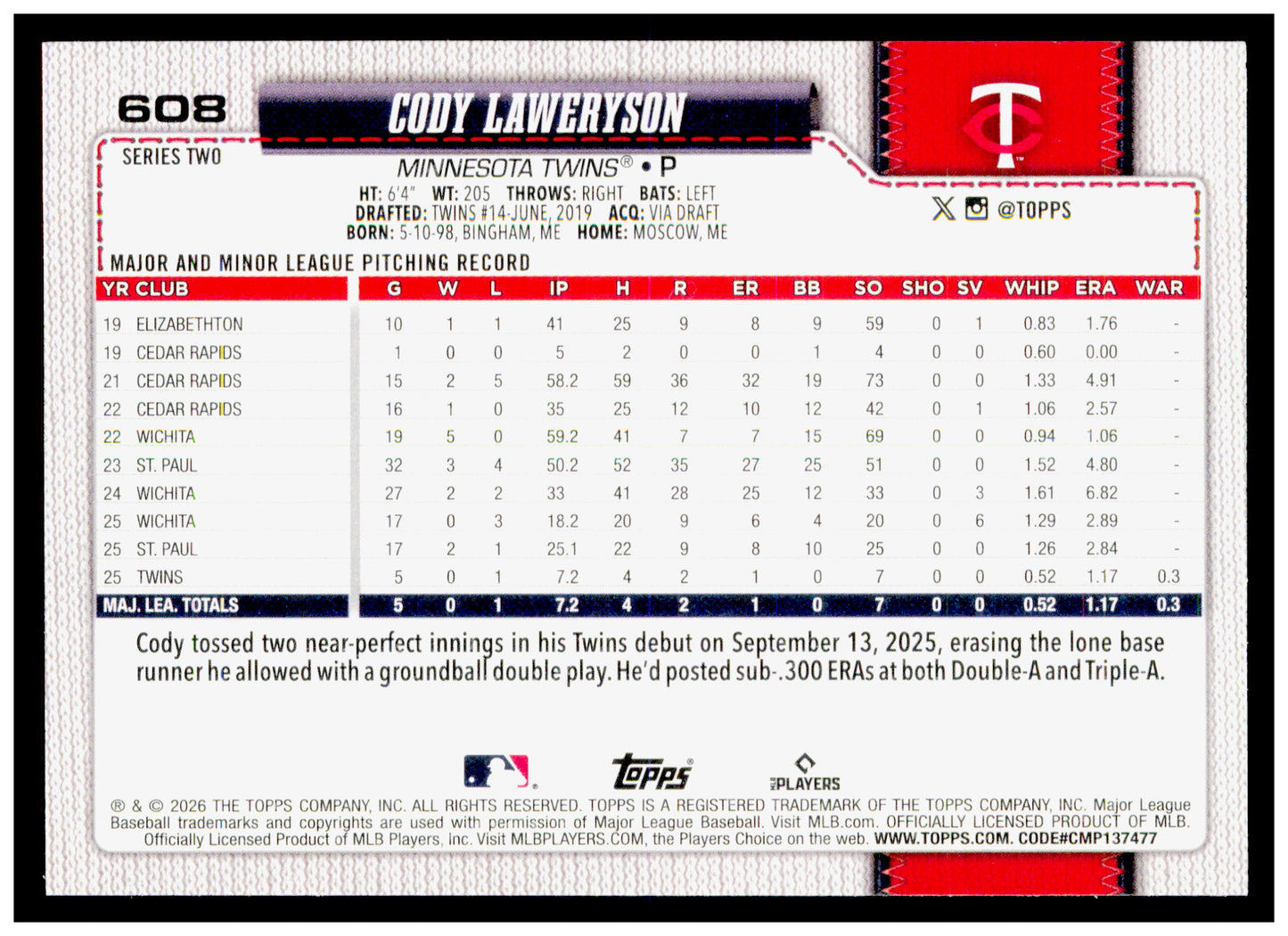 2026 Topps Cody Laweryson Card Rookie Minnesota Twins