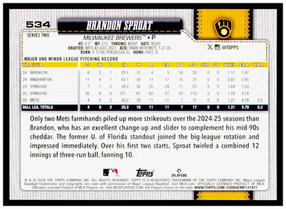 2026 Topps Brandon Sproat Card Rookie Milwaukee Brewers