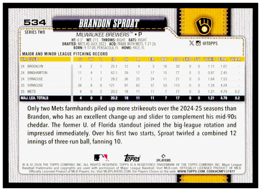 2026 Topps Brandon Sproat Card Rookie Milwaukee Brewers