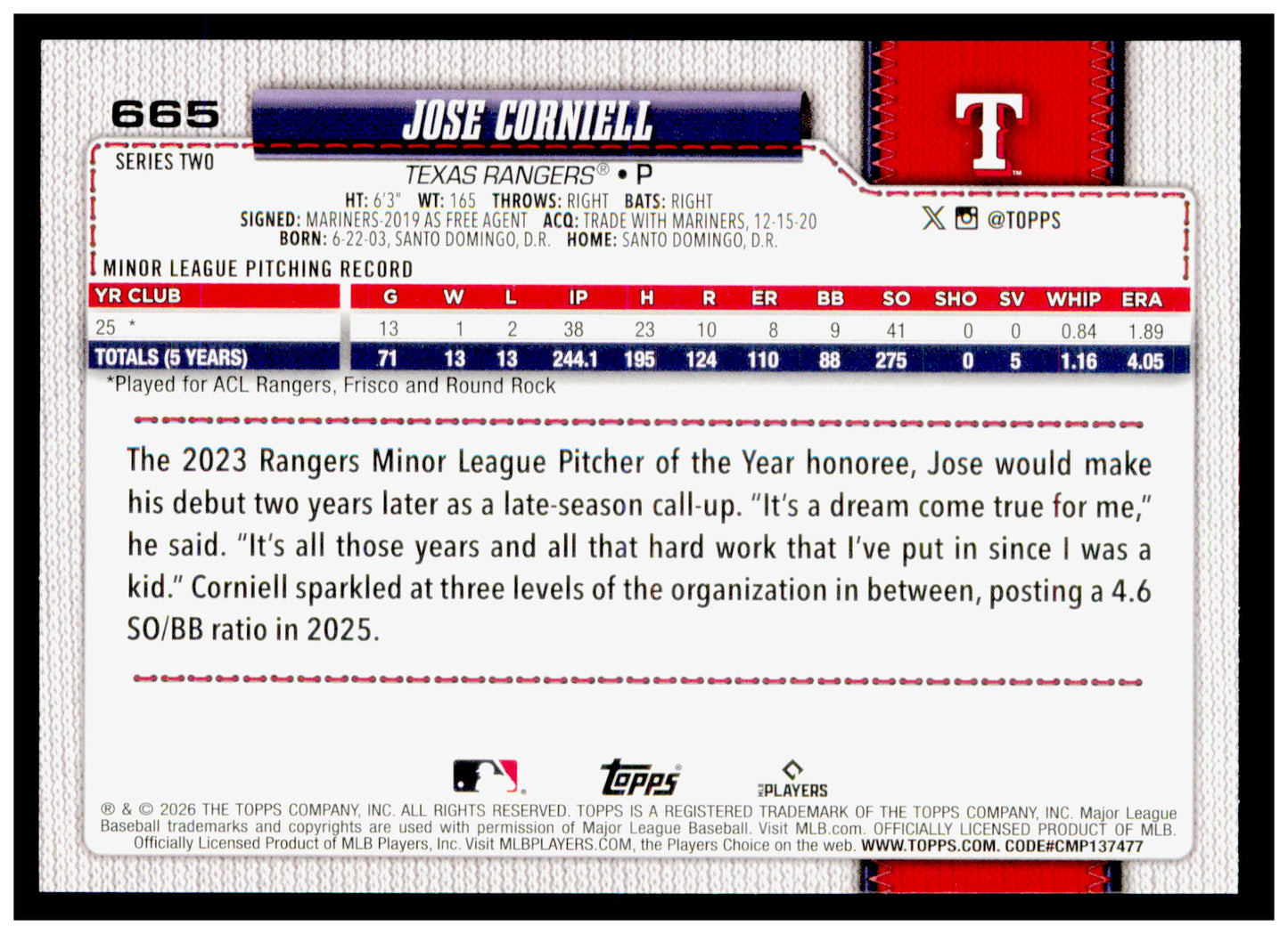 2026 Topps Jose Corniell Card Rookie Texas Rangers