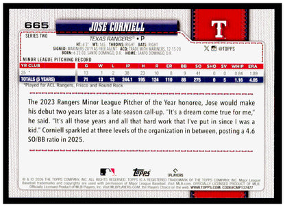 2026 Topps Jose Corniell Card Rookie Texas Rangers