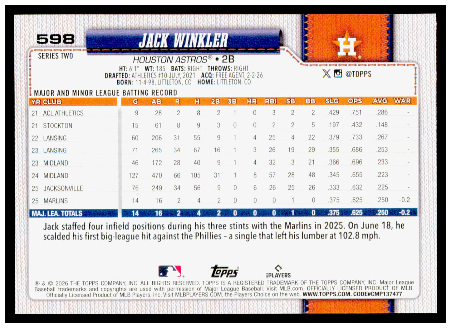 2026 Topps Jack Winkler Card Rookie Houston Astros