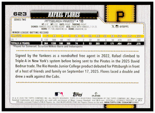 2026 Topps Rafael Flores Card Rookie Pittsburgh Pirates