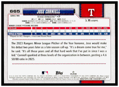 2026 Topps Jose Corniell Card Rookie Texas Rangers