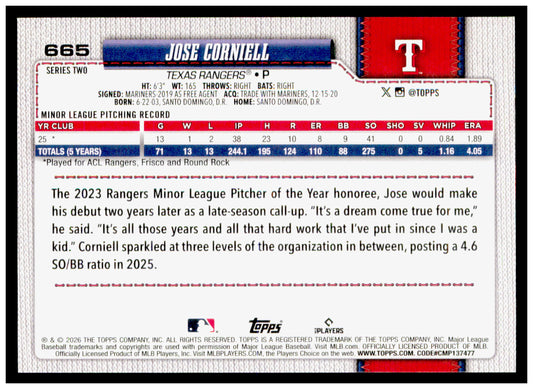 2026 Topps Jose Corniell Card Rookie Texas Rangers