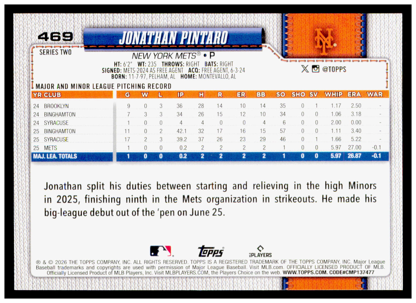 2026 Topps Jonathan Pintaro Card Rookie New York Mets