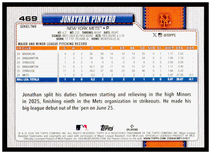 2026 Topps Jonathan Pintaro Card Rookie New York Mets