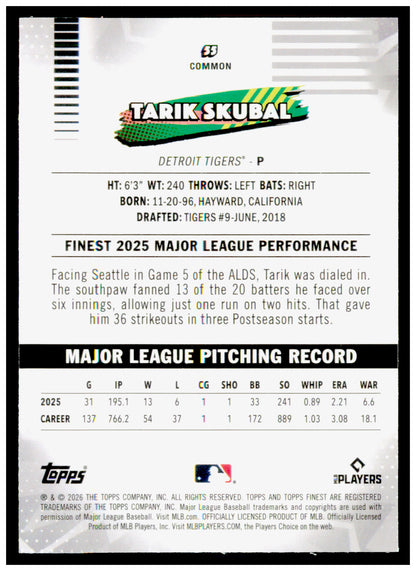 2026 Topps Finest Tarik Skubal Card Detroit Tigers