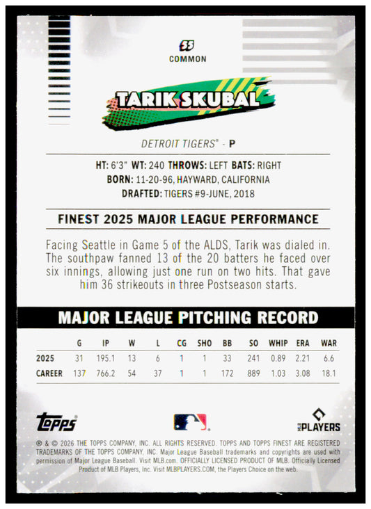2026 Topps Finest Tarik Skubal Card Detroit Tigers