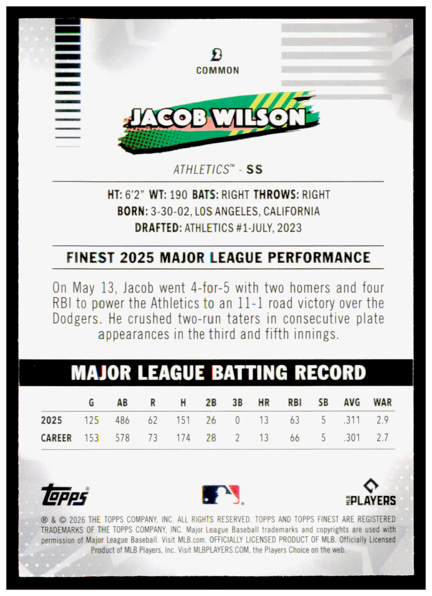 2026  Topps Finest Jacob Wilson Card Athletics