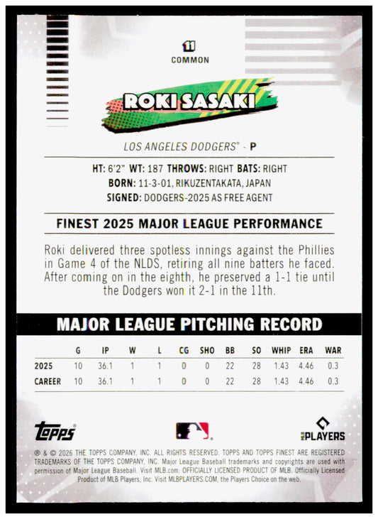 2026 Topps Finest Roki Sasaki Card Los Angeles Dodgers