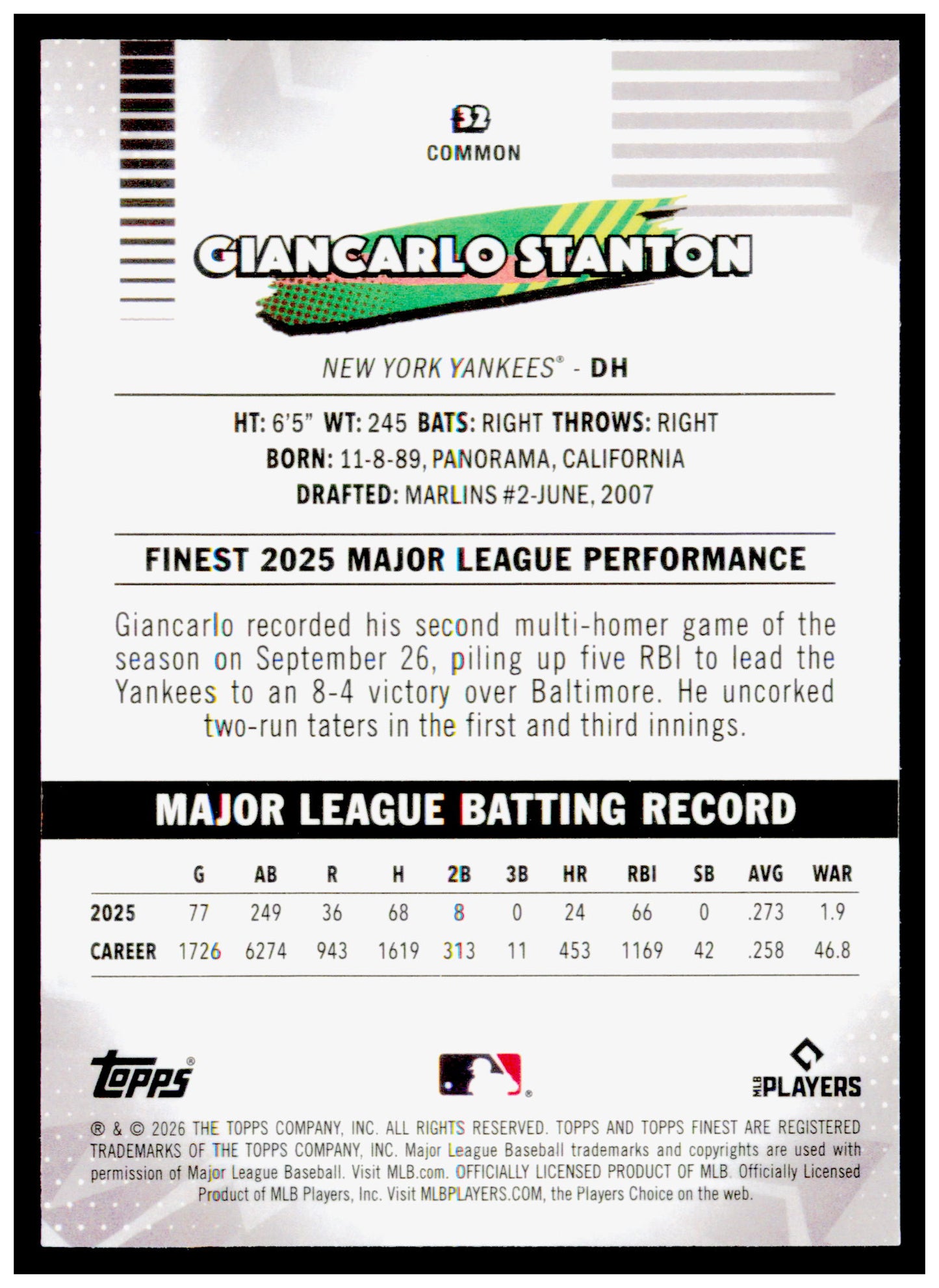2026  Topps Finest Giancarlo Stanton Card New York Yankees