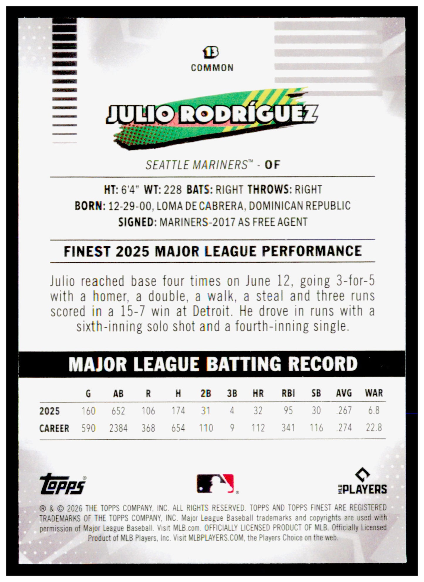 2026  Topps Finest Julio Rodríguez Card Seattle Mariners