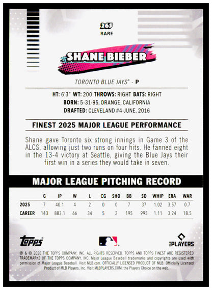 2026 Topps Finest Shane Bieber Card Toronto Blue Jays