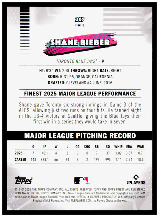 2026 Topps Finest Shane Bieber Card Toronto Blue Jays
