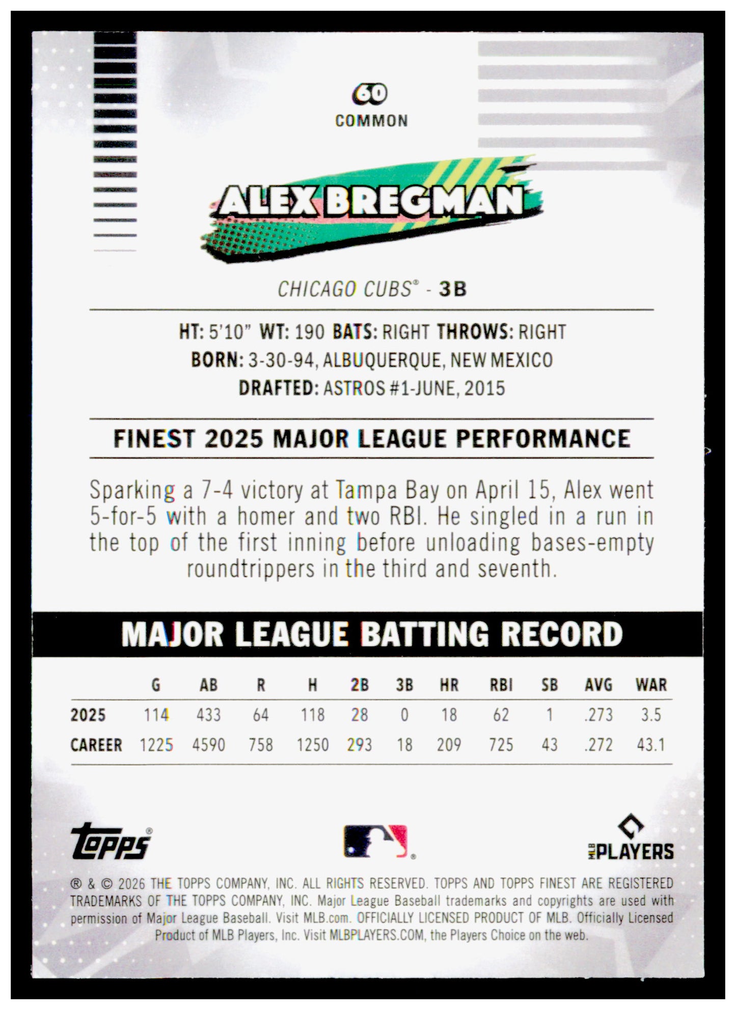 2026 Topps Finest Alex Bregman Card Chicago Cubs