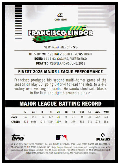 2026 Topps Finest Francisco Lindor Card New York Mets