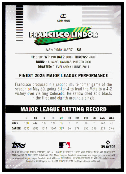 2026 Topps Finest Francisco Lindor Card New York Mets