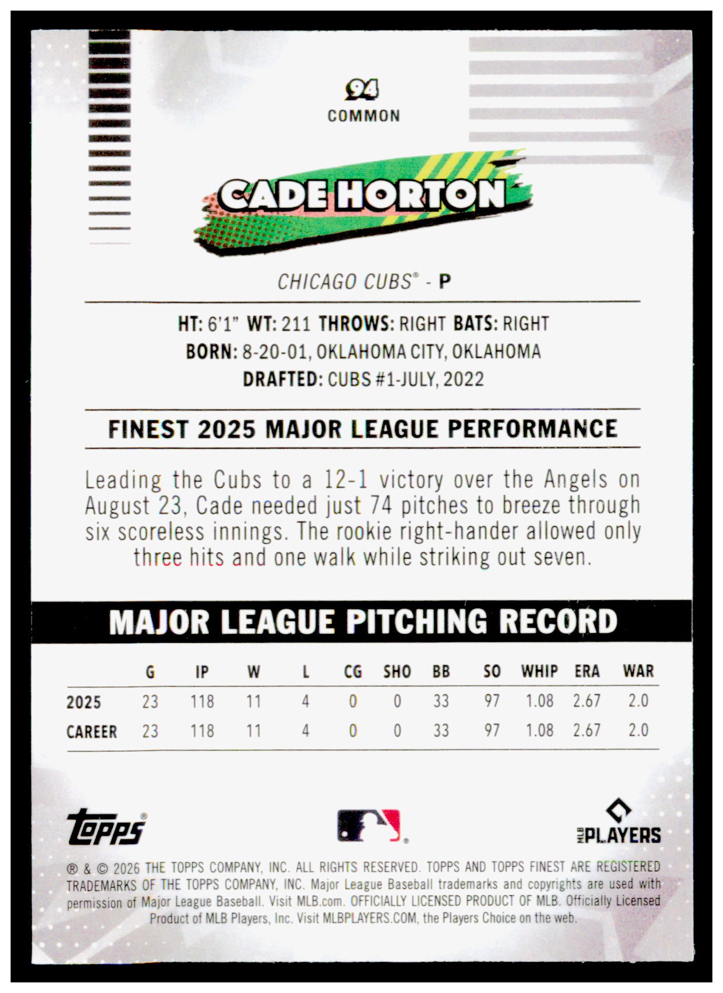 2026 Topps Finest Cade Horton Card Chicago Cubs