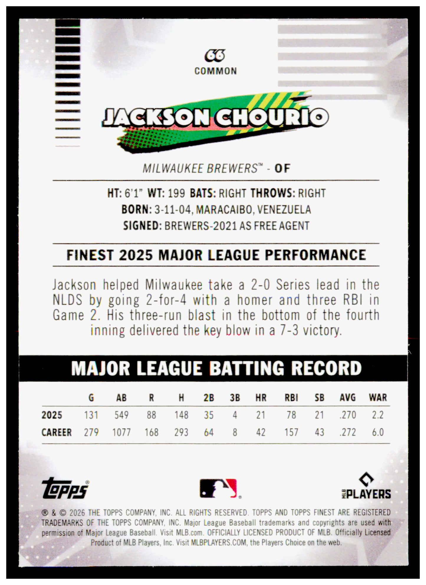 2026 Topps Finest Jackson Chourio Card Milwaukee Brewers