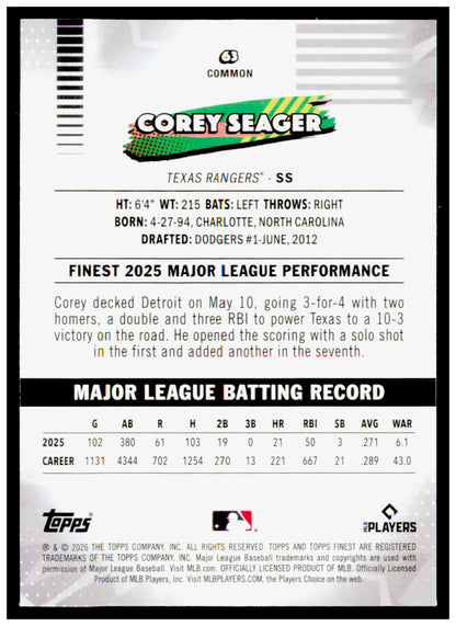 2026 Topps Finest Corey Seager Card Texas Rangers