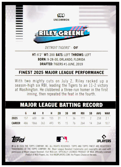 2026 Topps Finest Riley Greene Card Detroit Tigers