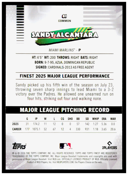 2026 Topps Finest Sandy Alcantara Card Miami Marlins